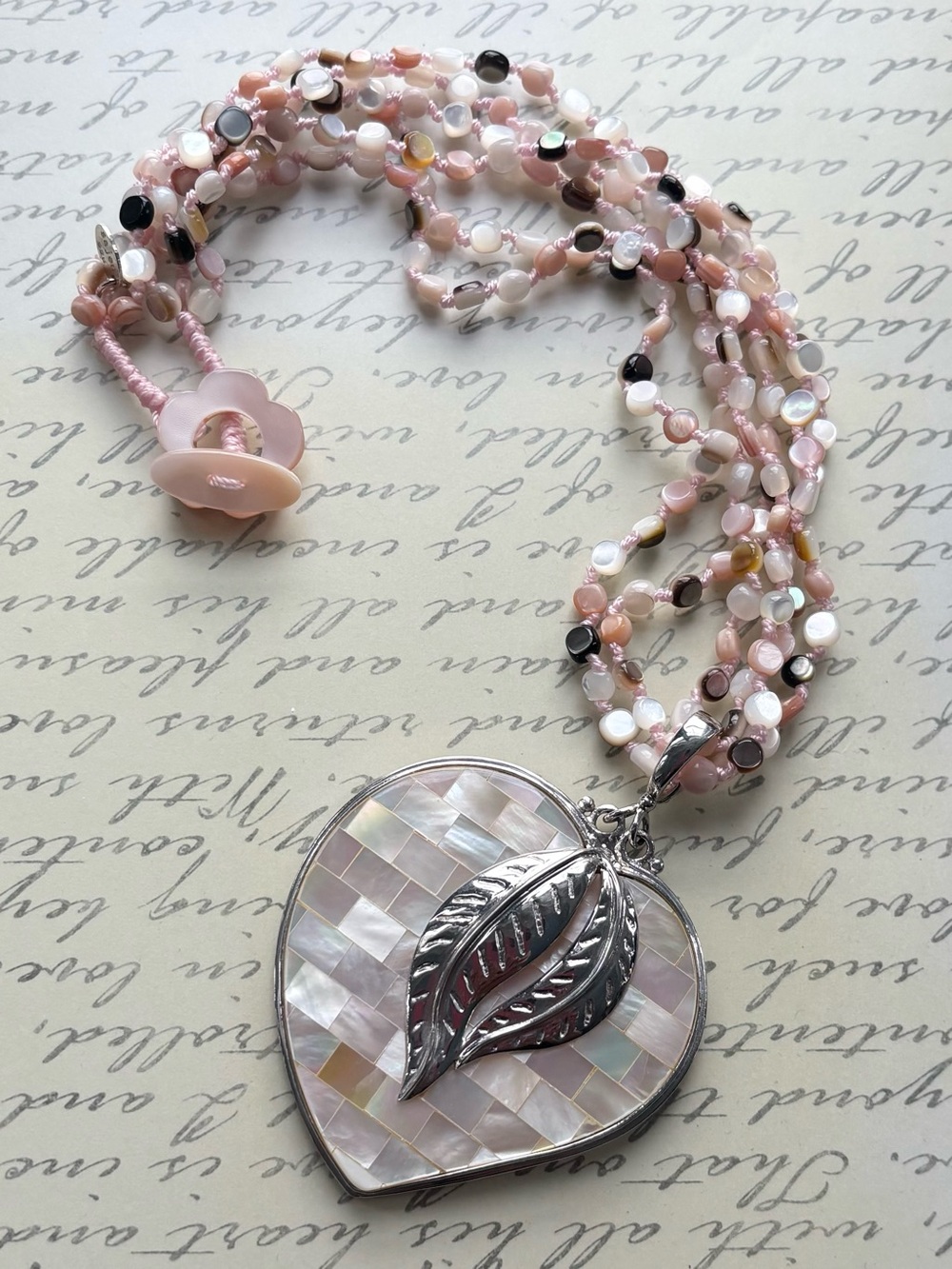 Sajen Silver Mosaic Mother of Pearl Heart Pendant Necklace Pink Leaves Design